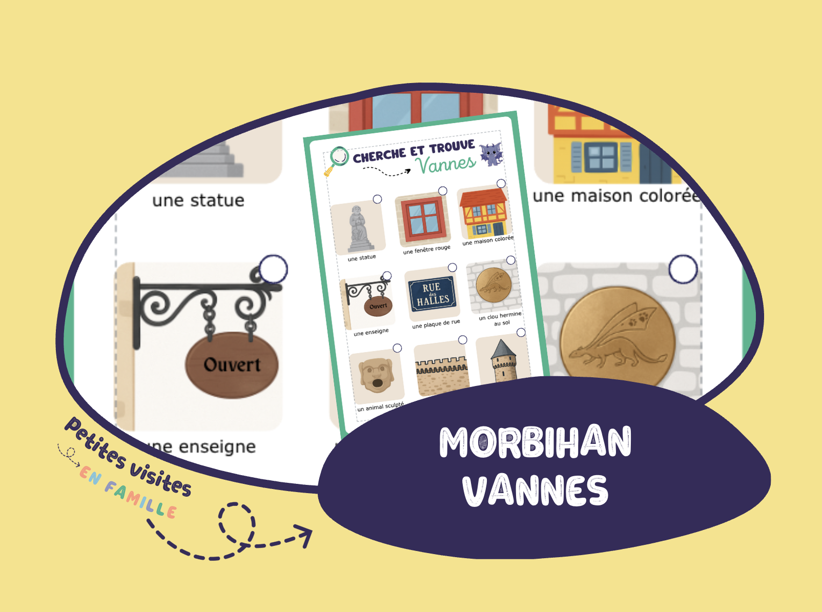 Un Cherche et trouve de Vannes gratuit, conçu pour les 3–5 ans, à imprimer et utiliser en balade.